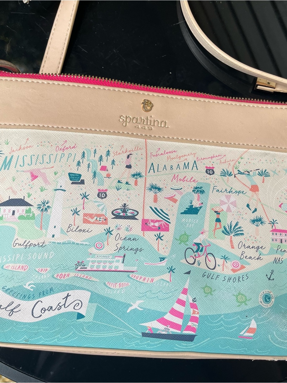 Spartina 449 Coastal Map Crossbody Purse in Pink and Cream with Teal Accents